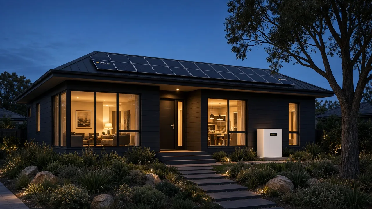 Modern Melbourne home with Voltaris Energy solar panels and battery, windows brightly lit